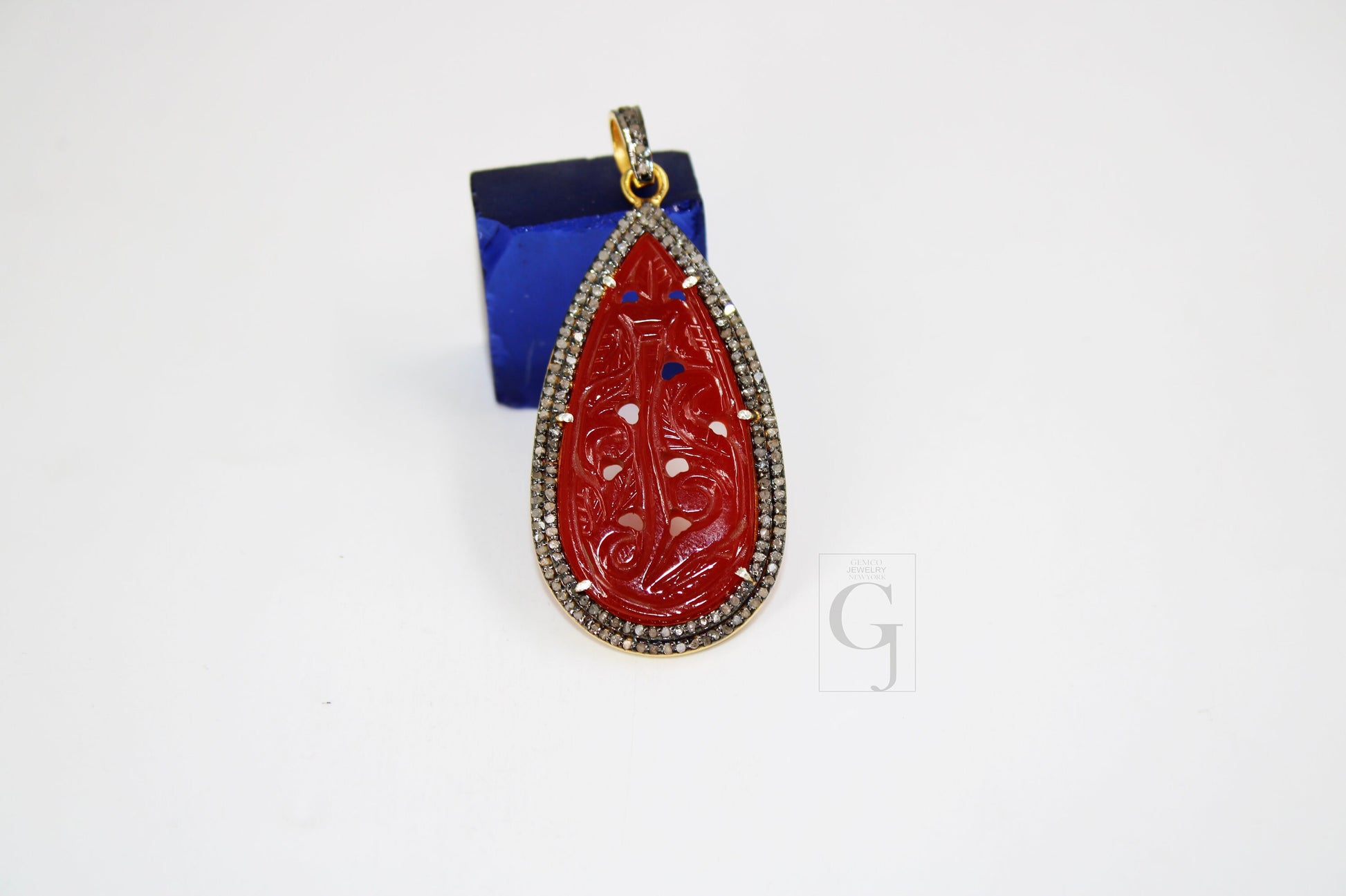 14k Gold Carving Red Onyx Stone Pendant Rosecut Pave Diamond Pendant 925 Sterling Silver Handmade Finish Diamond Charms Necklace Pendant