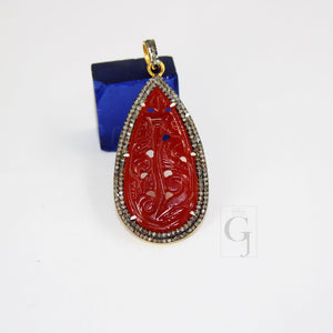 14k Gold Carving Red Onyx Stone Pendant Rosecut Pave Diamond Pendant 925 Sterling Silver Handmade Finish Diamond Charms Necklace Pendant