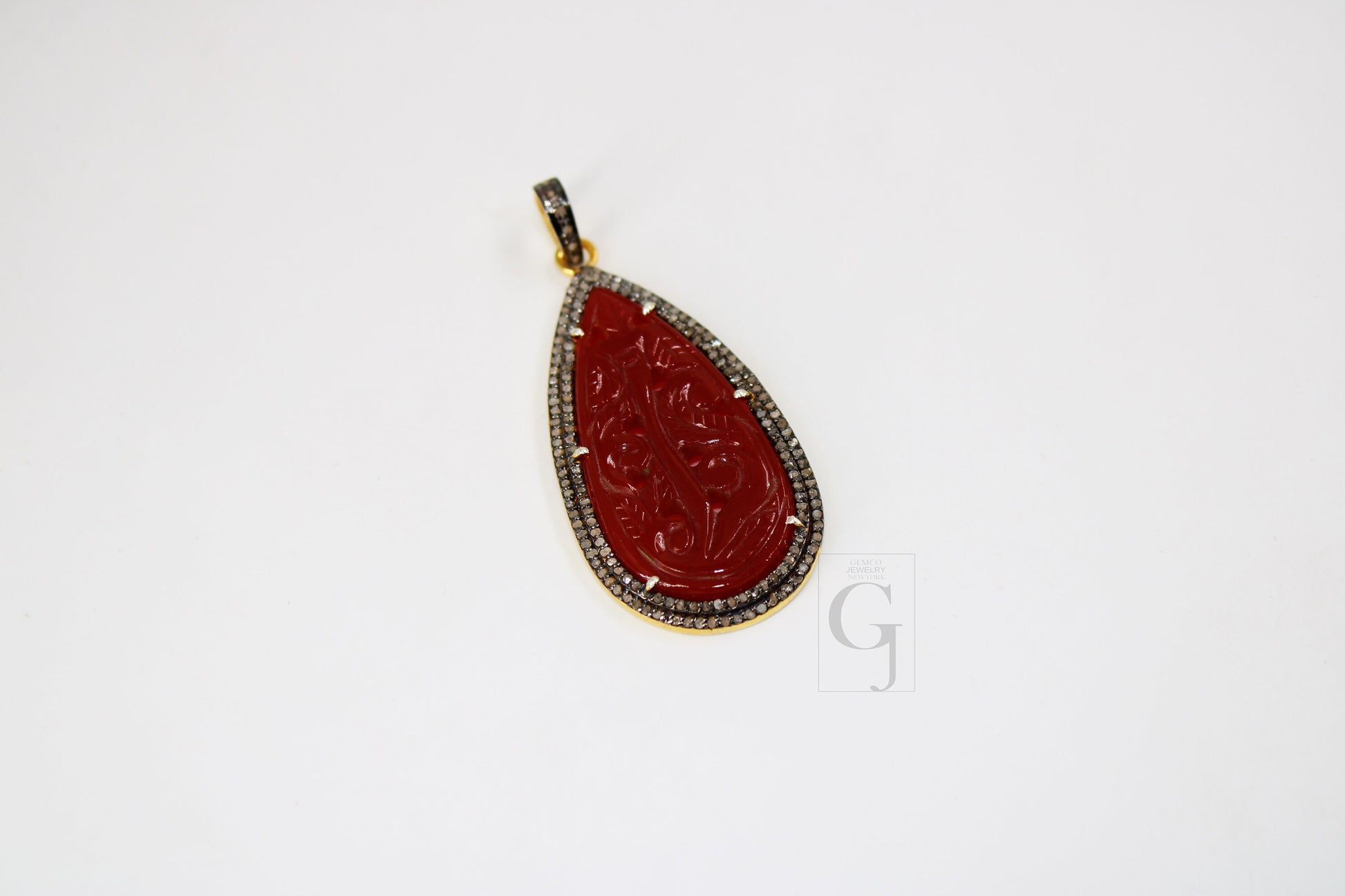 14k Gold Carving Red Onyx Stone Pendant Rosecut Pave Diamond Pendant 925 Sterling Silver Handmade Finish Diamond Charms Necklace Pendant