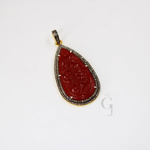 14k Gold Carving Red Onyx Stone Pendant Rosecut Pave Diamond Pendant 925 Sterling Silver Handmade Finish Diamond Charms Necklace Pendant