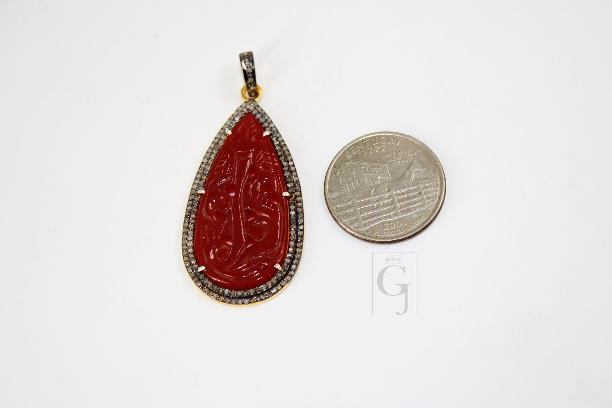 14k Gold Carving Red Onyx Stone Pendant Rosecut Pave Diamond Pendant 925 Sterling Silver Handmade Finish Diamond Charms Necklace Pendant