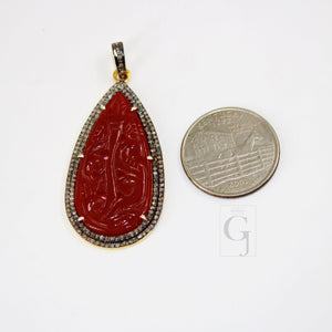 14k Gold Carving Red Onyx Stone Pendant Rosecut Pave Diamond Pendant 925 Sterling Silver Handmade Finish Diamond Charms Necklace Pendant