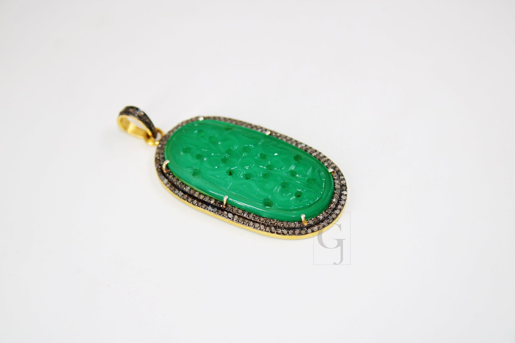 14k gold carving green onyx stone pendant Rosecut pave diamond pendant 925 sterling silver handmade finish diamond charms necklace pendant