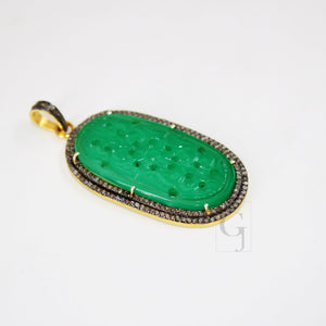 14k gold carving green onyx stone pendant Rosecut pave diamond pendant 925 sterling silver handmade finish diamond charms necklace pendant