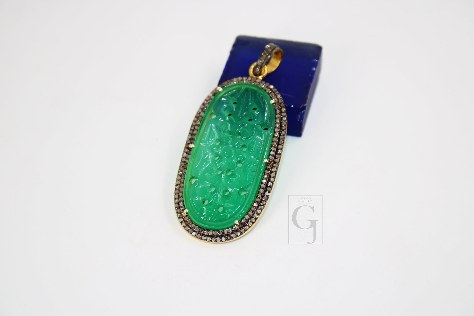 14k gold carving green onyx stone pendant Rosecut pave diamond pendant 925 sterling silver handmade finish diamond charms necklace pendant