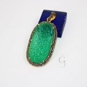 14k gold carving green onyx stone pendant Rosecut pave diamond pendant 925 sterling silver handmade finish diamond charms necklace pendant