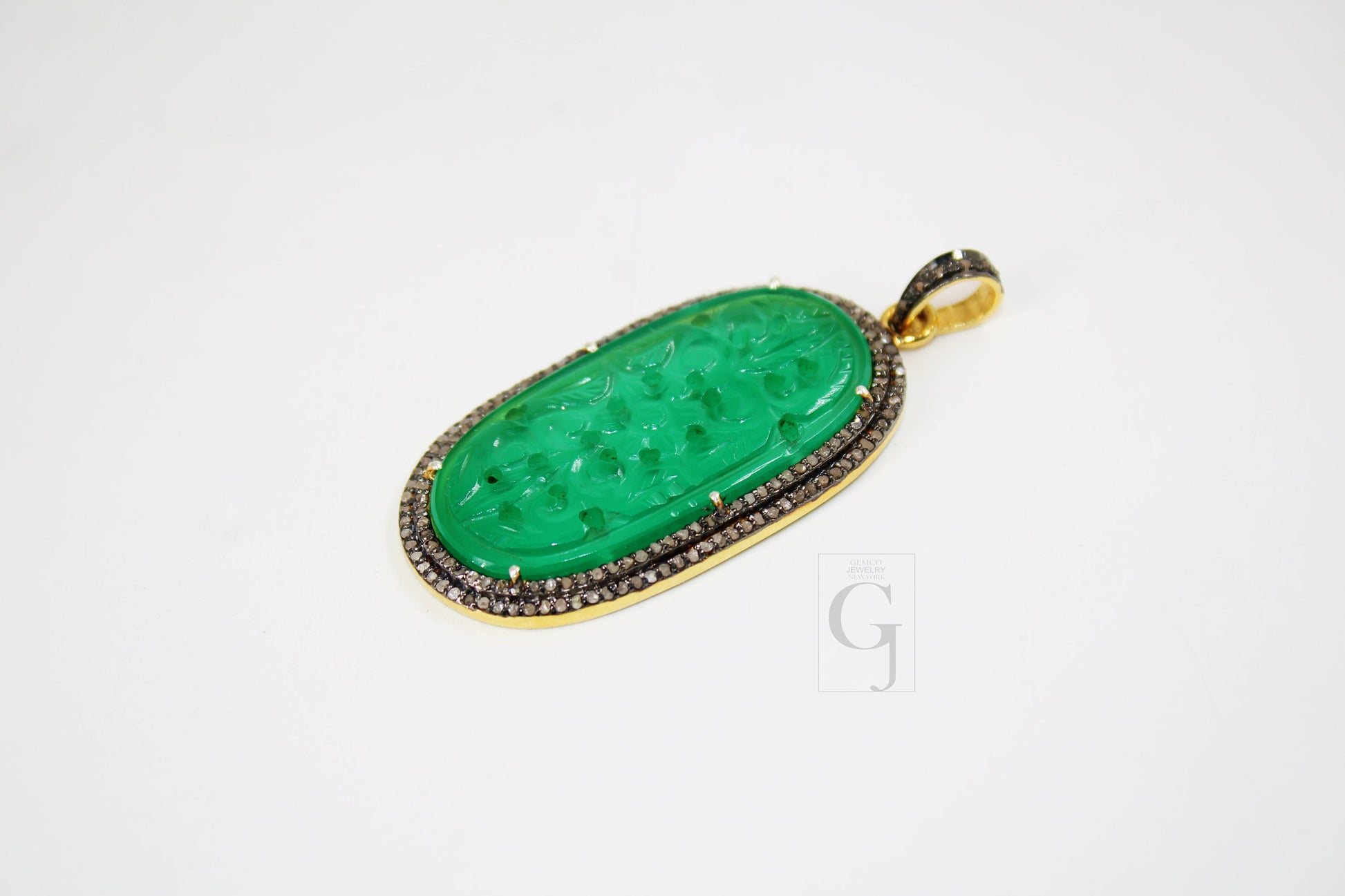 14k gold carving green onyx stone pendant Rosecut pave diamond pendant 925 sterling silver handmade finish diamond charms necklace pendant