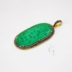 14k gold carving green onyx stone pendant Rosecut pave diamond pendant 925 sterling silver handmade finish diamond charms necklace pendant