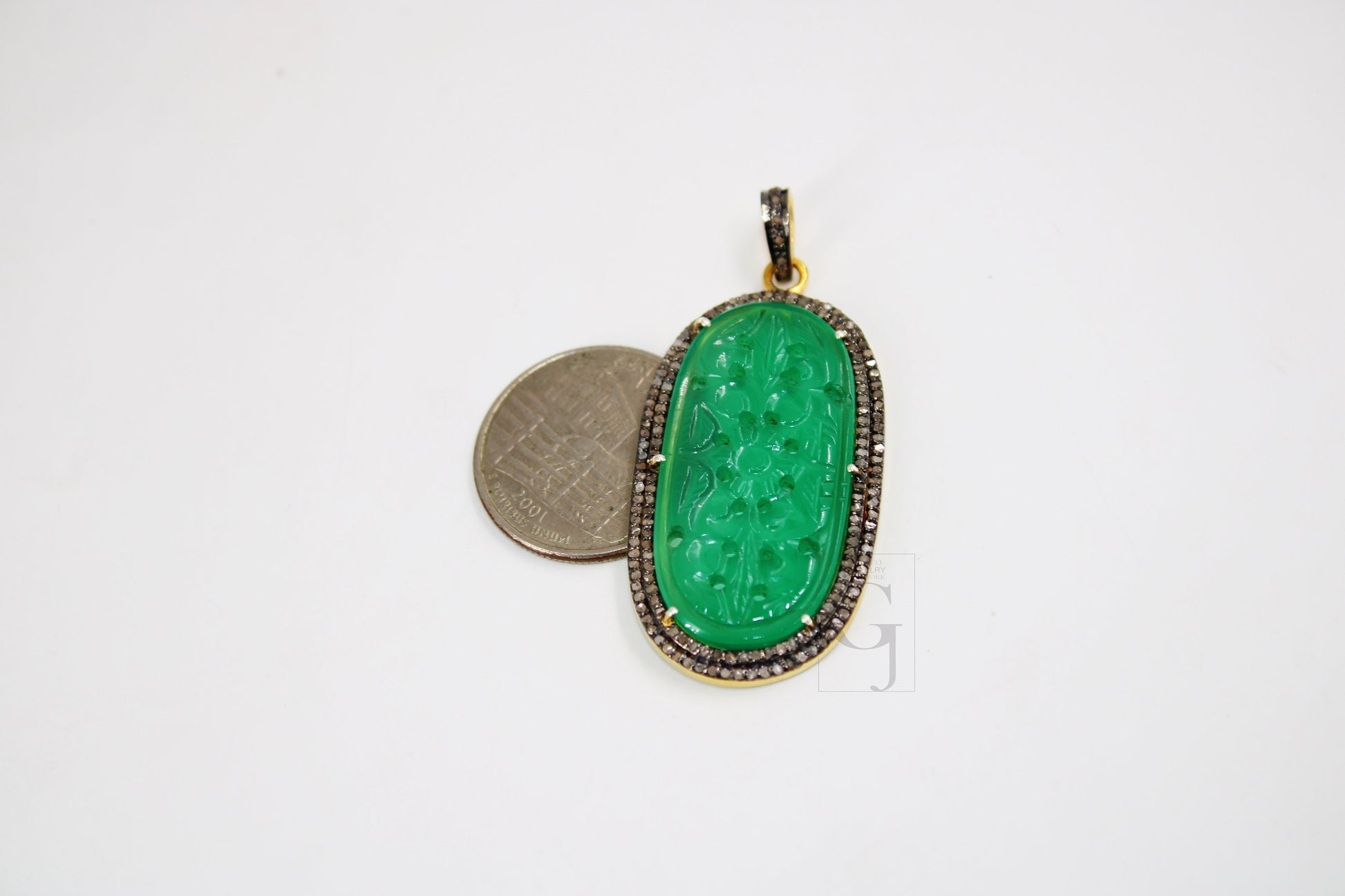 14k gold carving green onyx stone pendant Rosecut pave diamond pendant 925 sterling silver handmade finish diamond charms necklace pendant