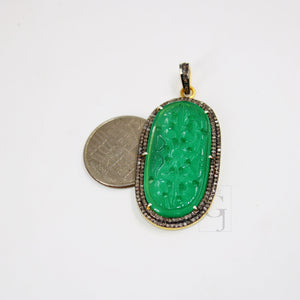 14k gold carving green onyx stone pendant Rosecut pave diamond pendant 925 sterling silver handmade finish diamond charms necklace pendant