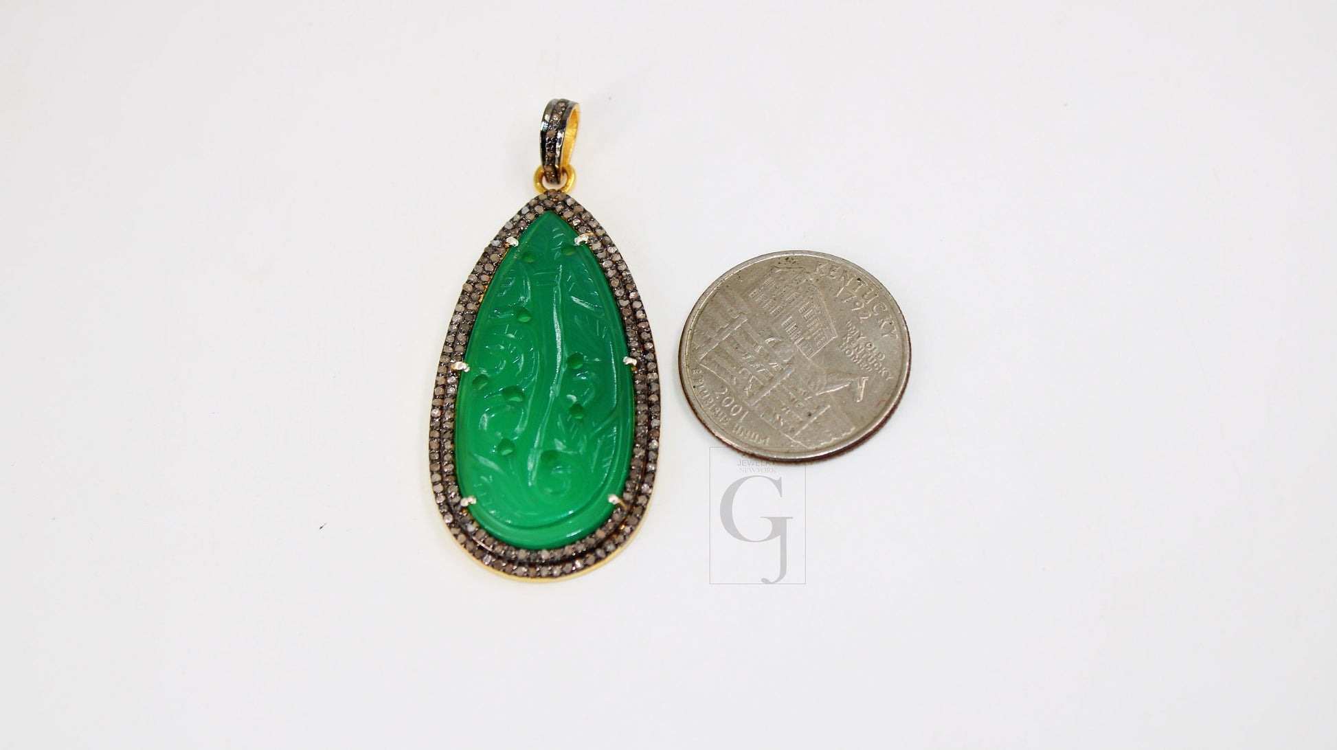 14k Gold Carving Green Onyx Stone Pendant Rosecut Pave Diamond Pendant 925 Sterling Silver Handmade Finish Diamond Charms Necklace Pendant