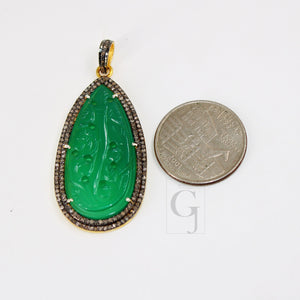 14k Gold Carving Green Onyx Stone Pendant Rosecut Pave Diamond Pendant 925 Sterling Silver Handmade Finish Diamond Charms Necklace Pendant