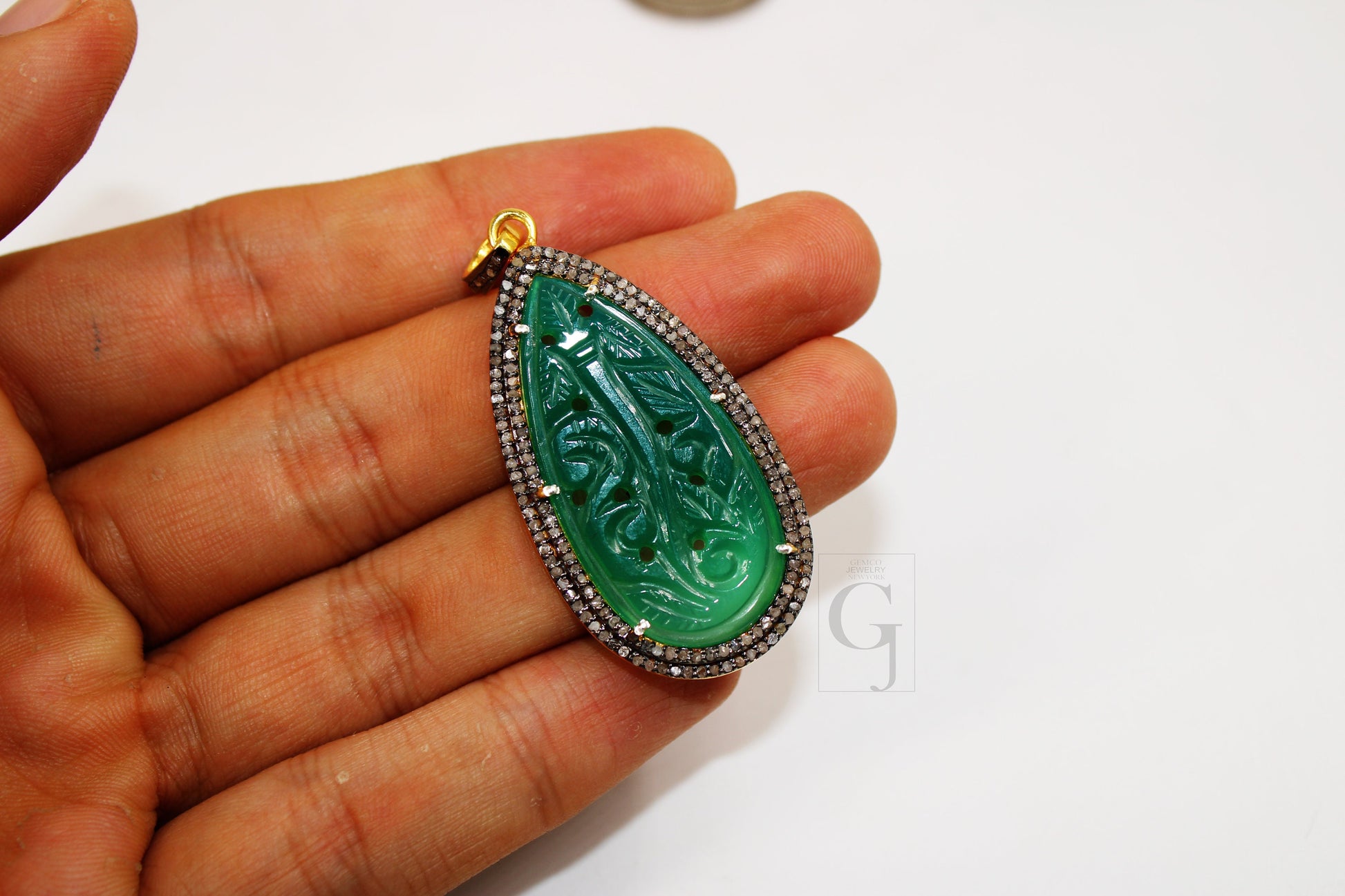 14k Gold Carving Green Onyx Stone Pendant Rosecut Pave Diamond Pendant 925 Sterling Silver Handmade Finish Diamond Charms Necklace Pendant