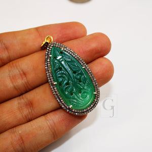 14k Gold Carving Green Onyx Stone Pendant Rosecut Pave Diamond Pendant 925 Sterling Silver Handmade Finish Diamond Charms Necklace Pendant