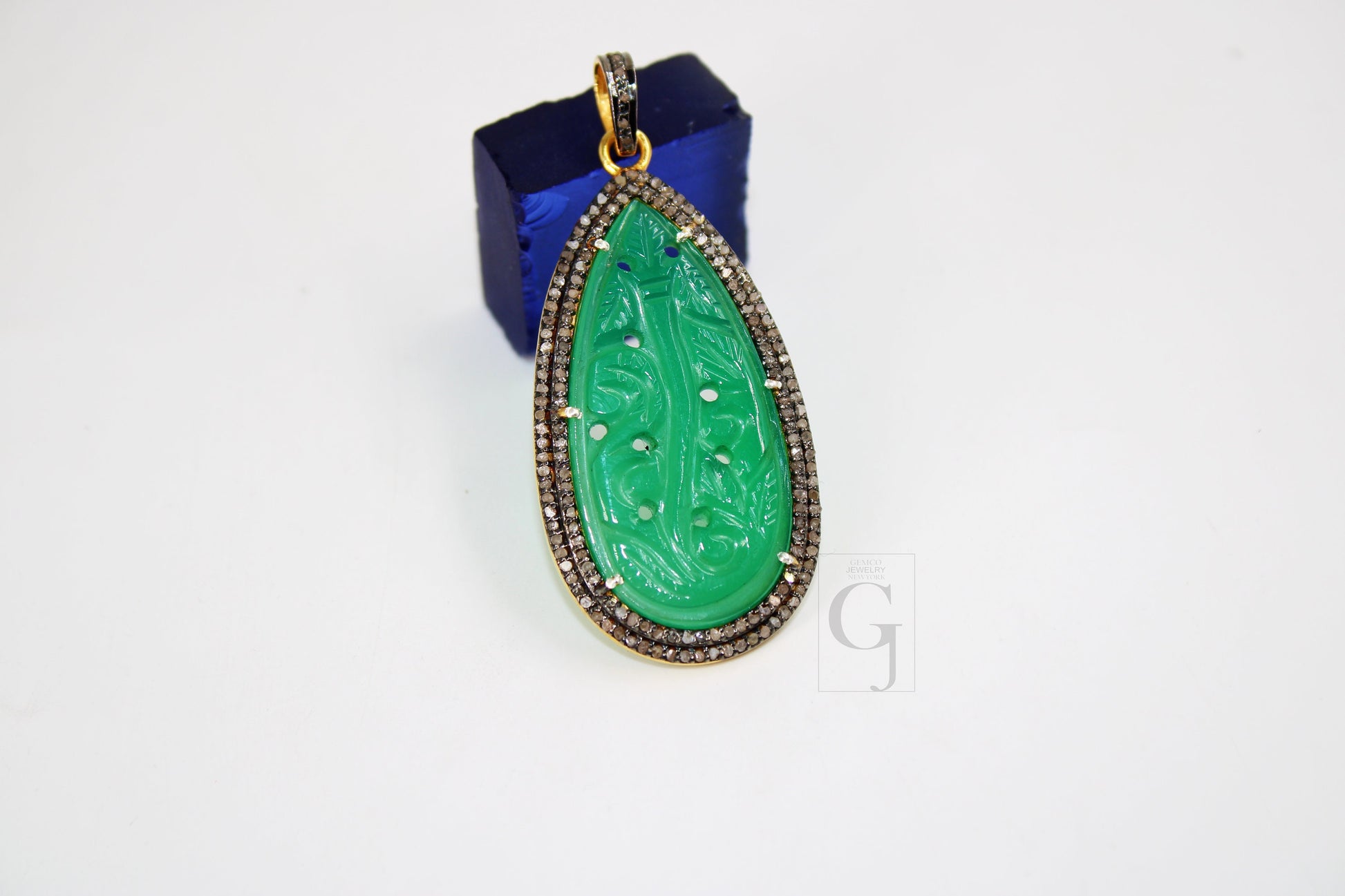 14k Gold Carving Green Onyx Stone Pendant Rosecut Pave Diamond Pendant 925 Sterling Silver Handmade Finish Diamond Charms Necklace Pendant