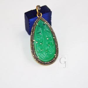 14k Gold Carving Green Onyx Stone Pendant Rosecut Pave Diamond Pendant 925 Sterling Silver Handmade Finish Diamond Charms Necklace Pendant