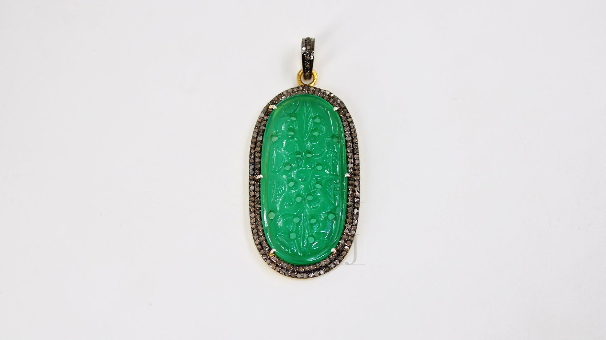 14k gold carving green onyx stone pendant Rosecut pave diamond pendant 925 sterling silver handmade finish diamond charms necklace pendant