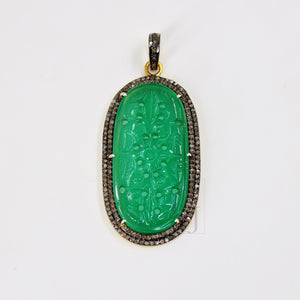 14k gold carving green onyx stone pendant Rosecut pave diamond pendant 925 sterling silver handmade finish diamond charms necklace pendant