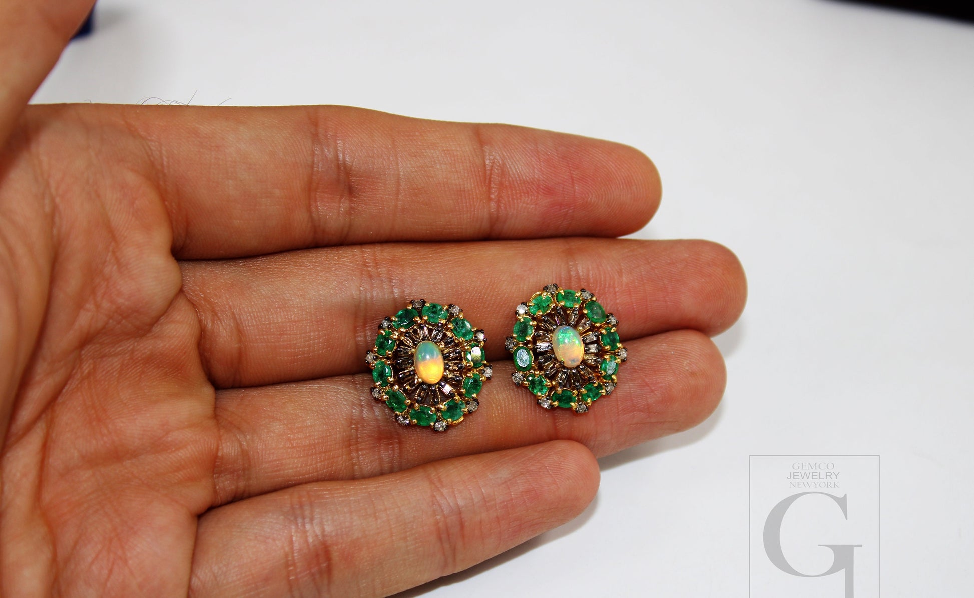 Beautiful 14k Gold Finish Emerald Opal Earring Pave Rosecut Diamond 925 Sterling Silver Handmade Baguette  Diamond Pave Stud Earrings