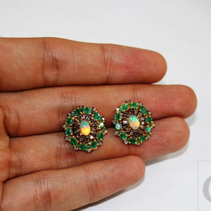 Beautiful 14k Gold Finish Emerald Opal Earring Pave Rosecut Diamond 925 Sterling Silver Handmade Baguette  Diamond Pave Stud Earrings