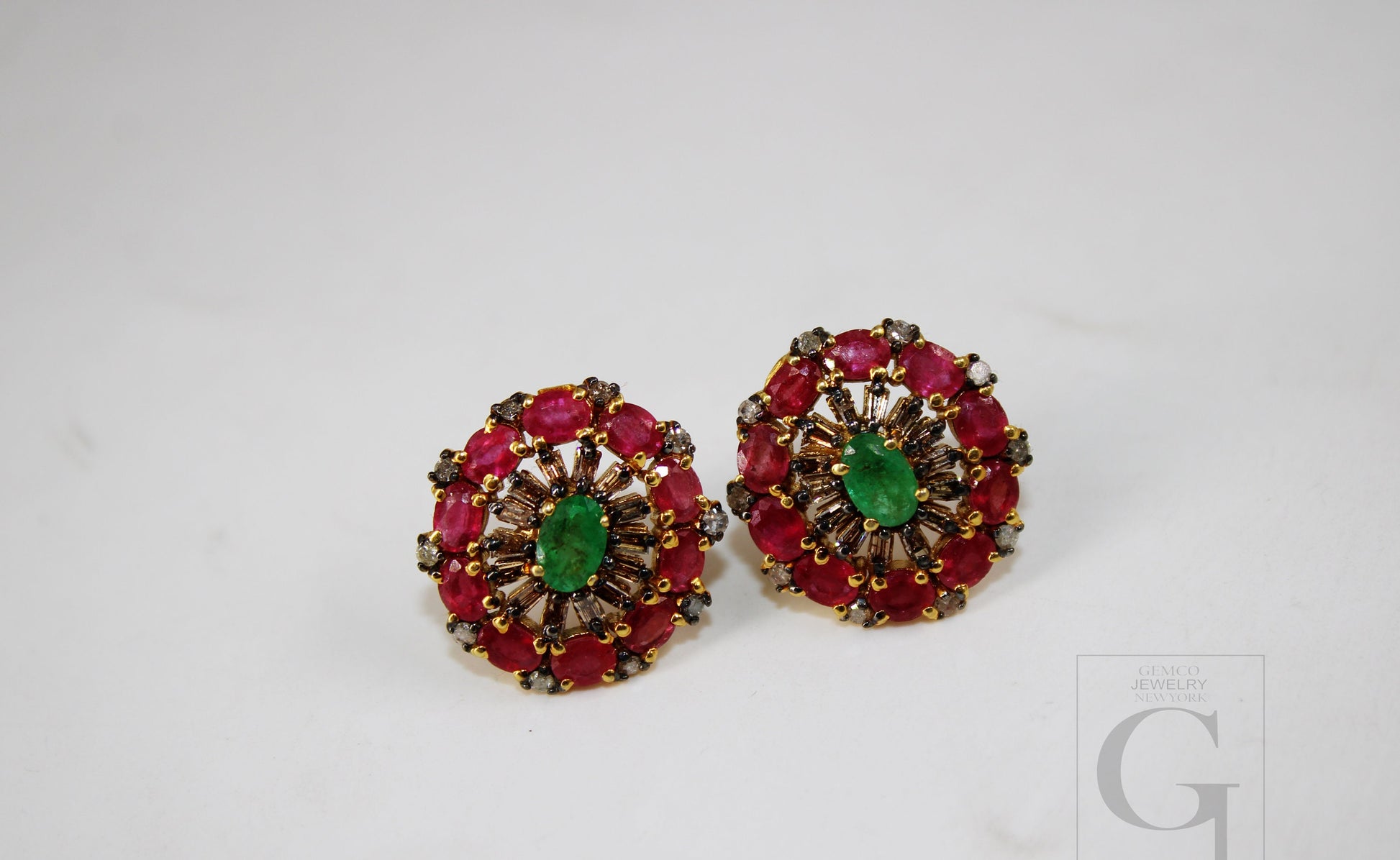 14k Gold Finish Designer Red Ruby And Emerald Earring Pave Rosecut Diamond 925 Sterling Silver Handmade Baguette Diamond Pave Stud Earrings