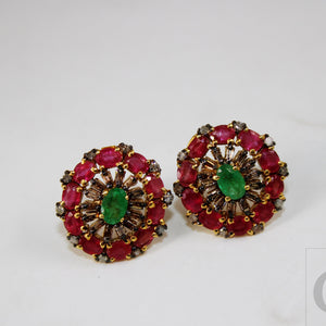 14k Gold Finish Designer Red Ruby And Emerald Earring Pave Rosecut Diamond 925 Sterling Silver Handmade Baguette Diamond Pave Stud Earrings