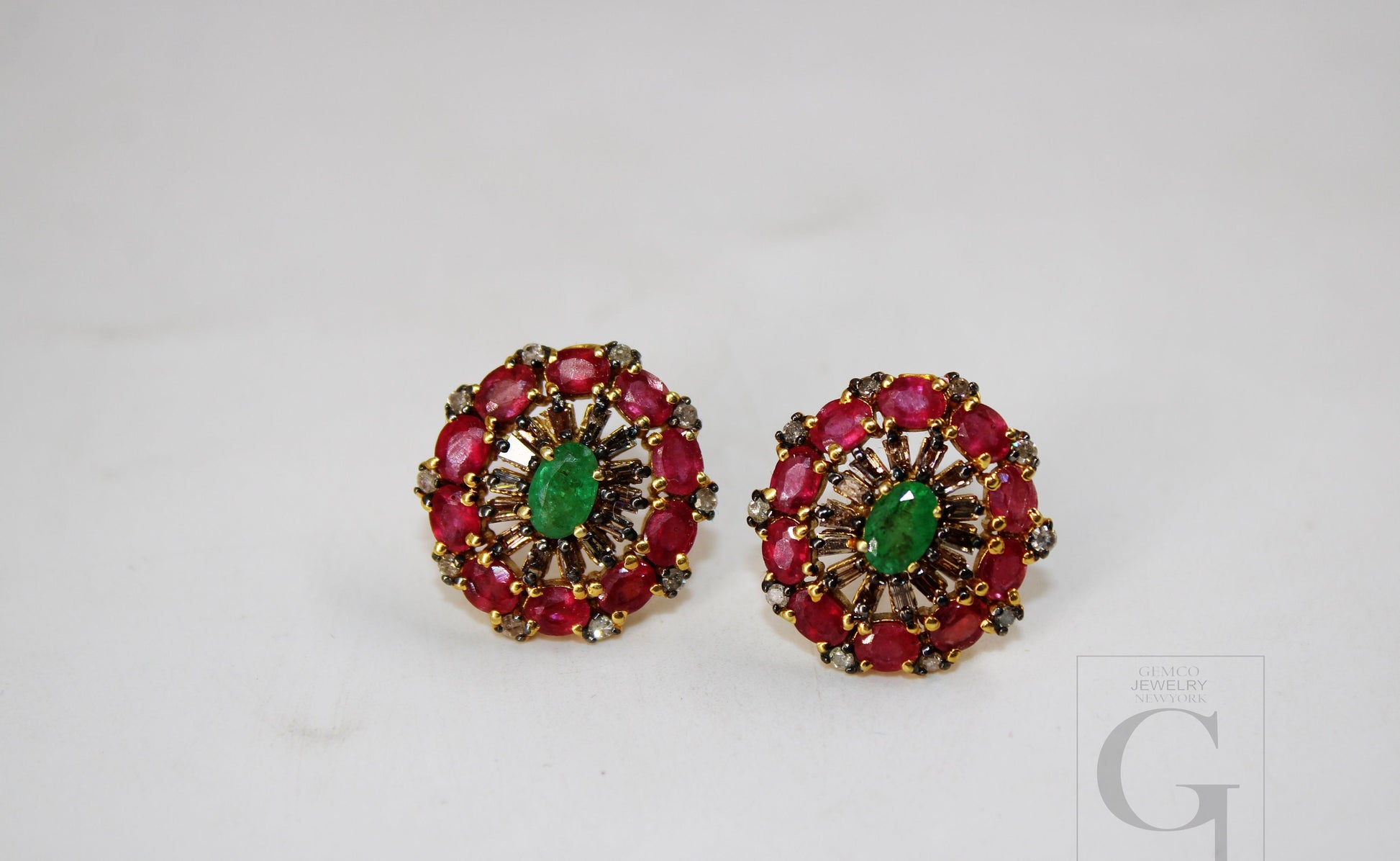 14k Gold Finish Designer Red Ruby And Emerald Earring Pave Rosecut Diamond 925 Sterling Silver Handmade Baguette Diamond Pave Stud Earrings