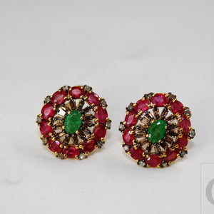 14k Gold Finish Designer Red Ruby And Emerald Earring Pave Rosecut Diamond 925 Sterling Silver Handmade Baguette Diamond Pave Stud Earrings