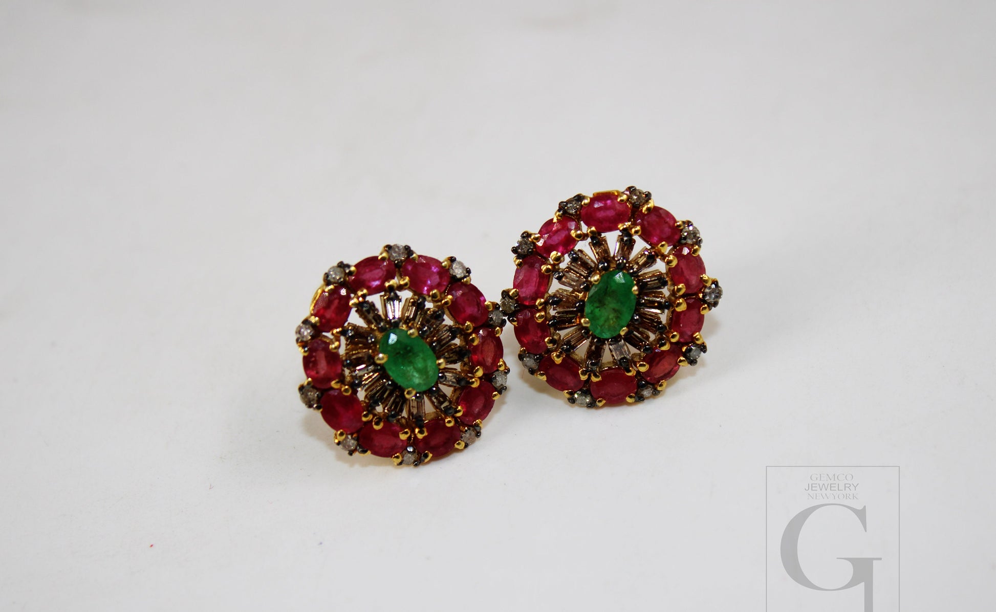 14k Gold Finish Designer Red Ruby And Emerald Earring Pave Rosecut Diamond 925 Sterling Silver Handmade Baguette Diamond Pave Stud Earrings