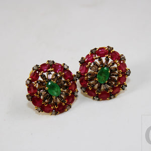 14k Gold Finish Designer Red Ruby And Emerald Earring Pave Rosecut Diamond 925 Sterling Silver Handmade Baguette Diamond Pave Stud Earrings