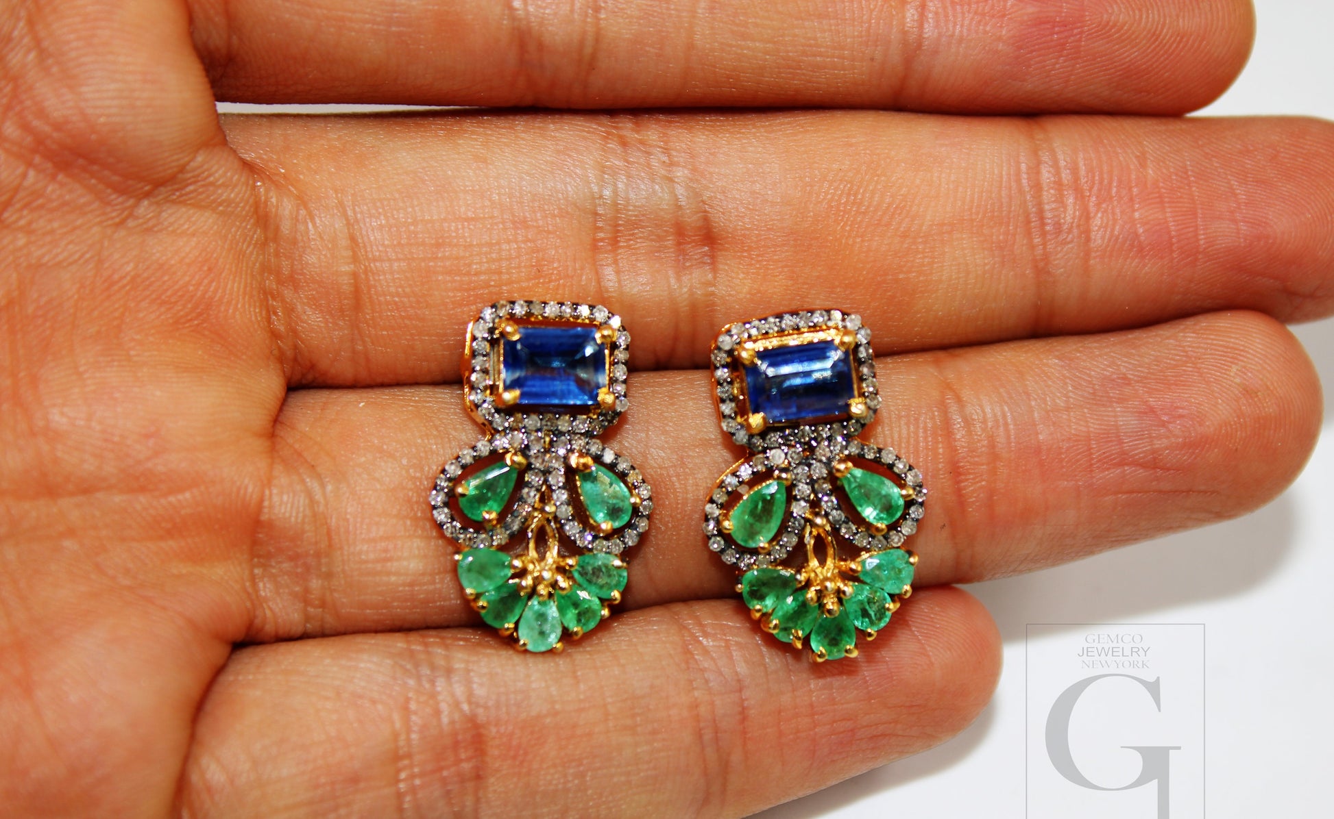 Natural stone emerald and kyanite earring Pave rosecut diamond 925 sterling silver handmade very beautiful  diamond pave stud earrings