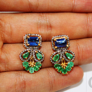 Natural stone emerald and kyanite earring Pave rosecut diamond 925 sterling silver handmade very beautiful  diamond pave stud earrings