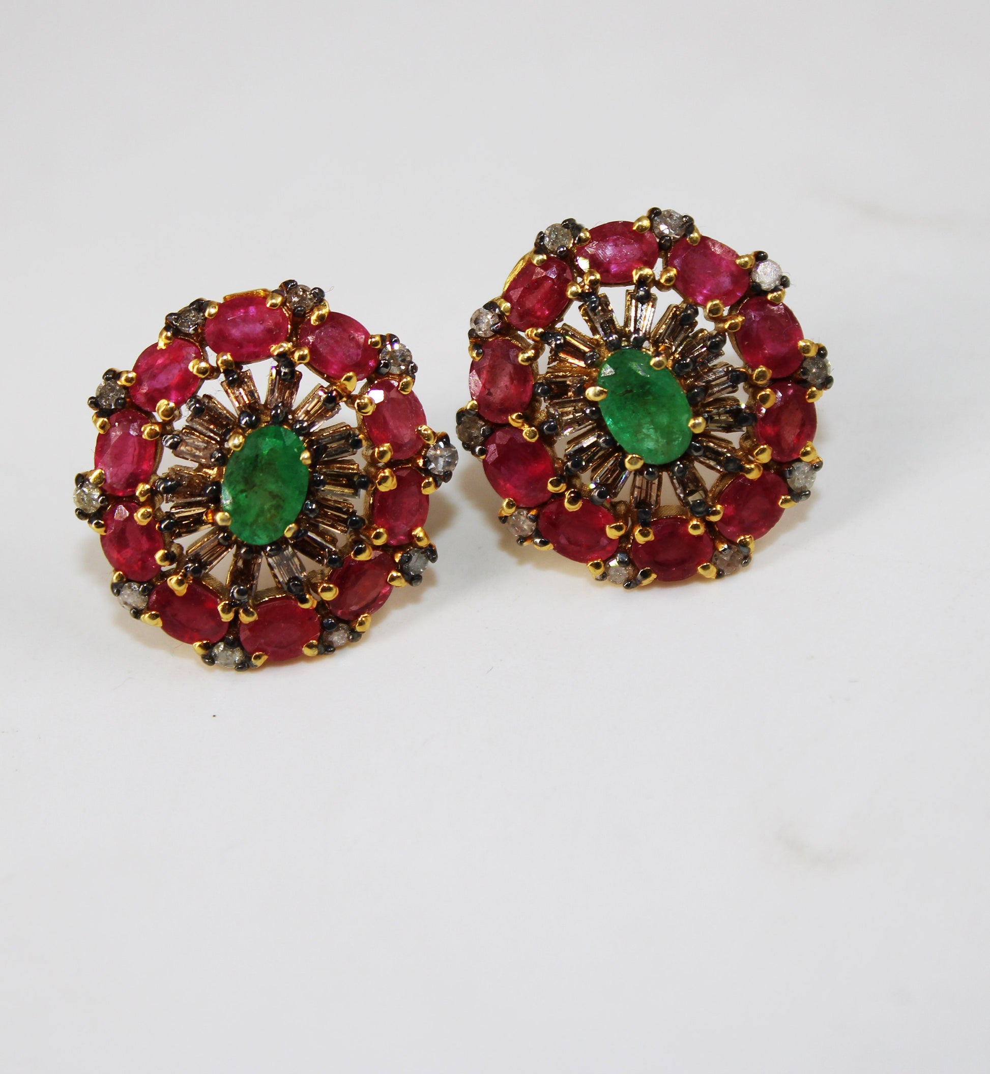 14k Gold Finish Designer Red Ruby And Emerald Earring Pave Rosecut Diamond 925 Sterling Silver Handmade Baguette Diamond Pave Stud Earrings