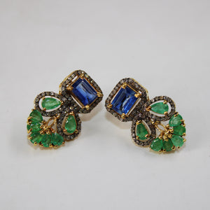 Natural stone emerald and kyanite earring Pave rosecut diamond 925 sterling silver handmade very beautiful  diamond pave stud earrings