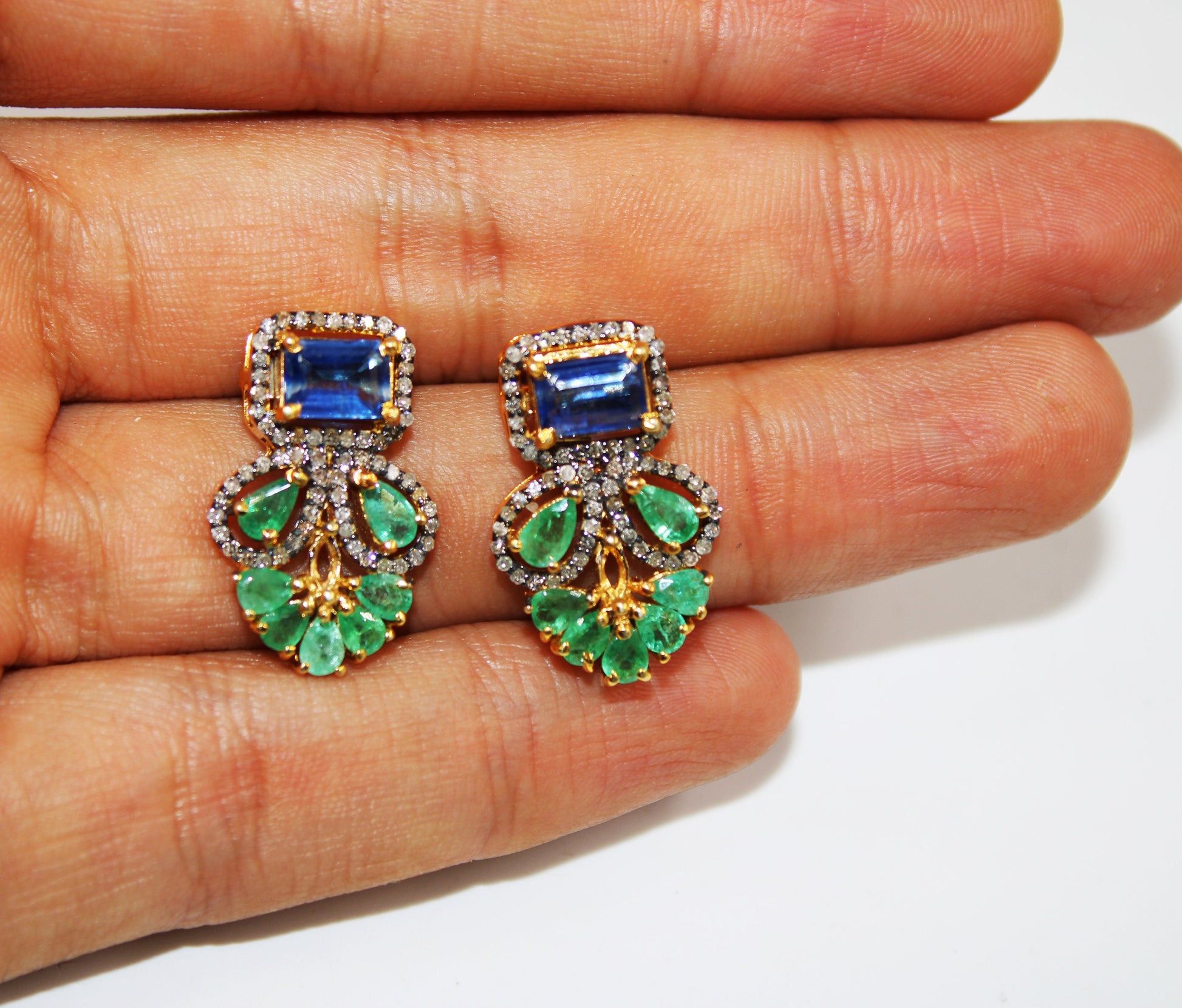 Natural stone emerald and kyanite earring Pave rosecut diamond 925 sterling silver handmade very beautiful  diamond pave stud earrings