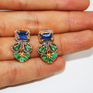 Natural stone emerald and kyanite earring Pave rosecut diamond 925 sterling silver handmade very beautiful  diamond pave stud earrings