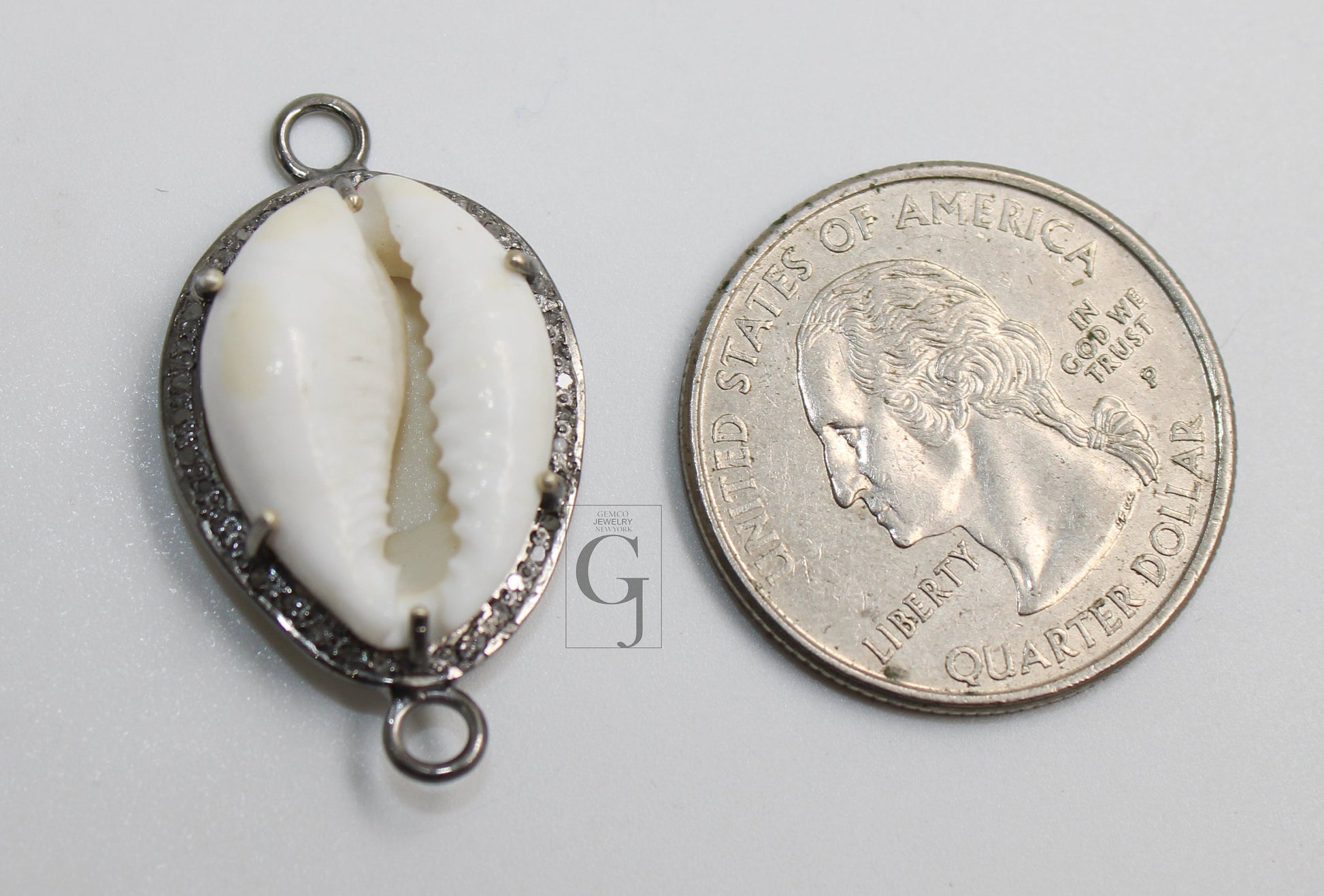 Beautiful Designer Cowrie Designer Rosecut Pave Diamond Connector 925 Sterling Silver Oxidised Handmade Diamond Charm Pendant