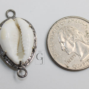 Beautiful Designer Cowrie Designer Rosecut Pave Diamond Connector 925 Sterling Silver Oxidised Handmade Diamond Charm Pendant