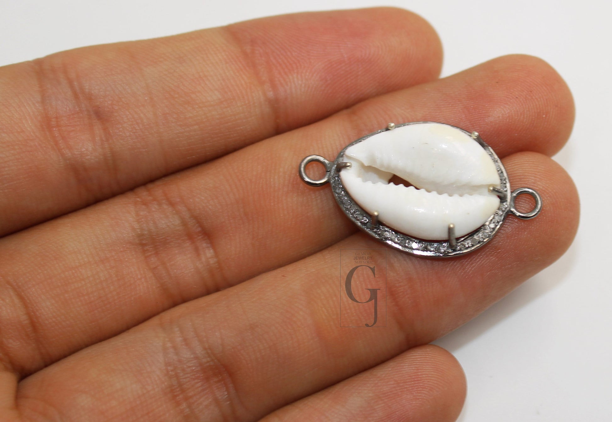 Beautiful Designer Cowrie Designer Rosecut Pave Diamond Connector 925 Sterling Silver Oxidised Handmade Diamond Charm Pendant