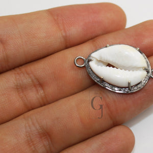 Beautiful Designer Cowrie Designer Rosecut Pave Diamond Connector 925 Sterling Silver Oxidised Handmade Diamond Charm Pendant