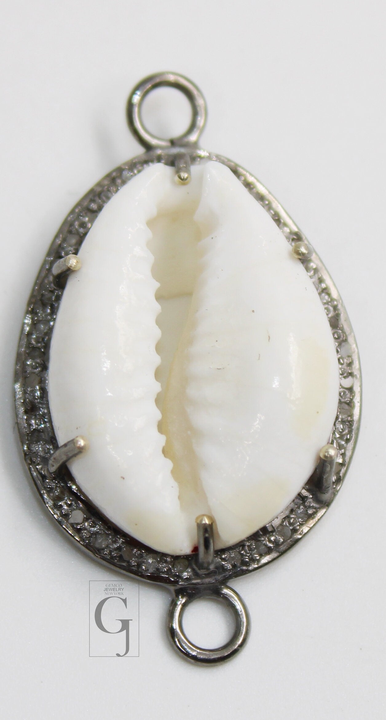 Beautiful Designer Cowrie Designer Rosecut Pave Diamond Connector 925 Sterling Silver Oxidised Handmade Diamond Charm Pendant