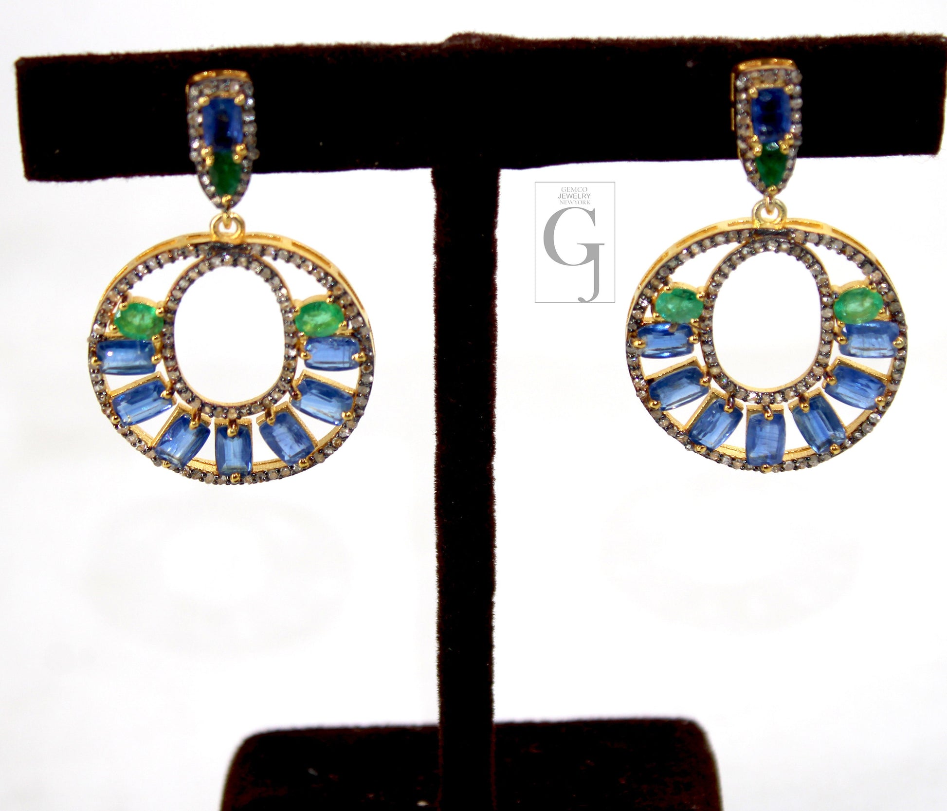 14k Gold  Finish Kyanite And Emerald Earring Rosecut Pave Diamond Earrings 925 Sterling Silver Handmade Silver Finish Diamond Earrings