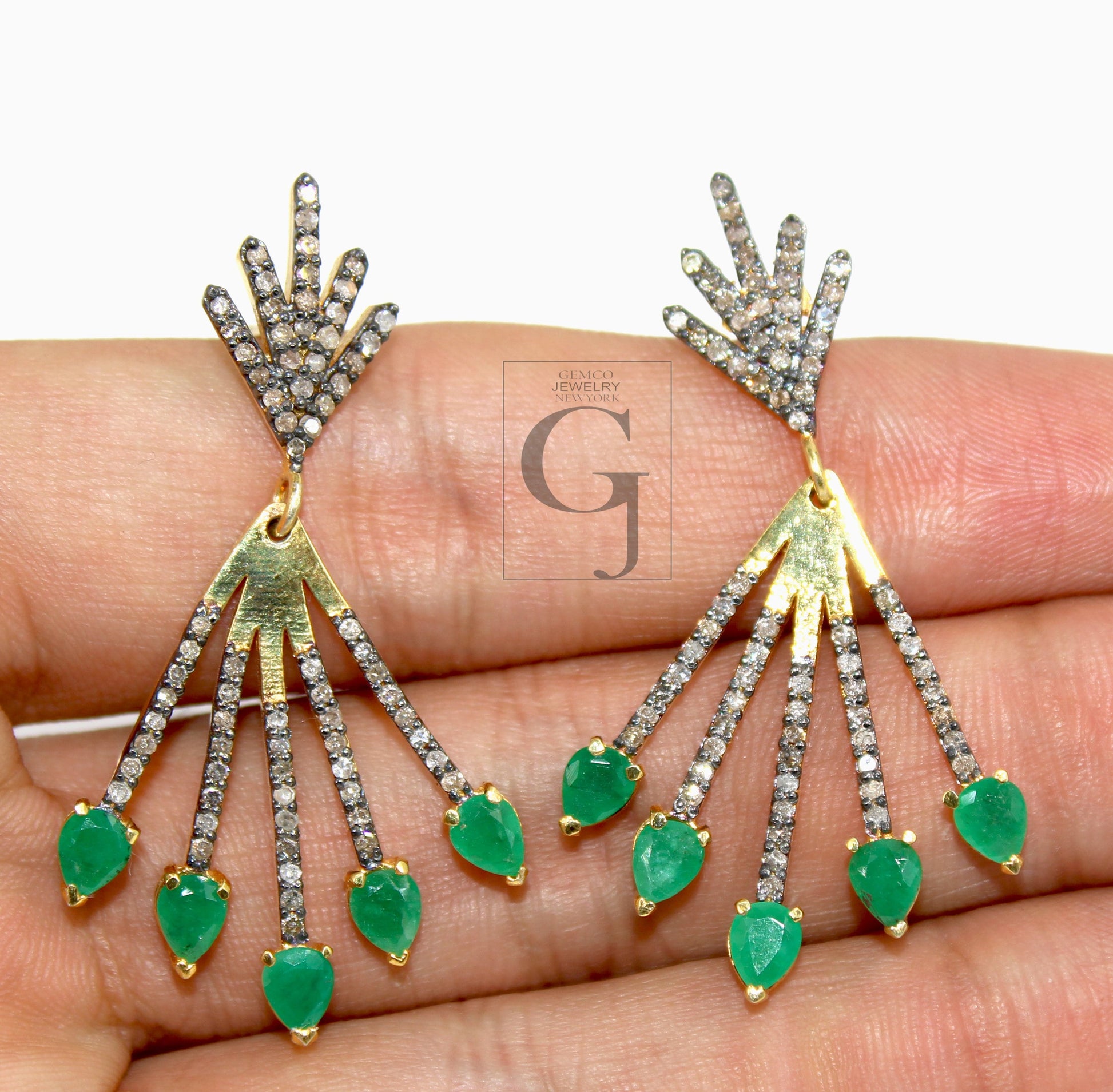 Very Beautiful 14k gold emerald earring Rosecut pave diamond earrings 925 sterling silver handmade silver finish diamond earrings