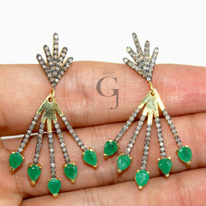 Very Beautiful 14k gold emerald earring Rosecut pave diamond earrings 925 sterling silver handmade silver finish diamond earrings