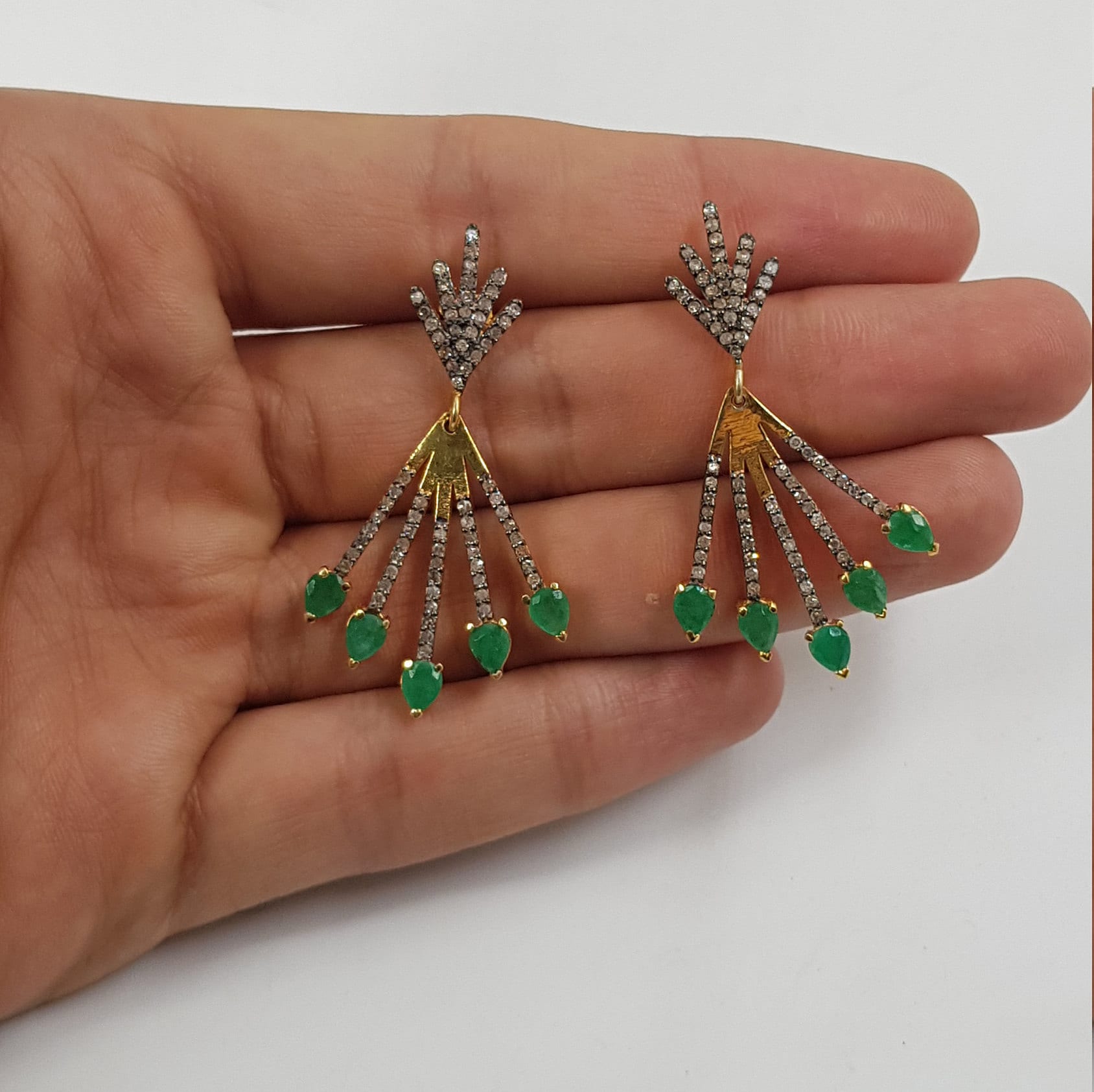 Very Beautiful 14k gold emerald earring Rosecut pave diamond earrings 925 sterling silver handmade silver finish diamond earrings