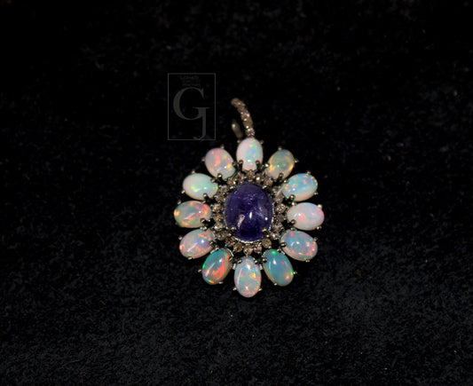 Beautiful Opal Tanzanite Pendant Designer Rosecut Pave Diamond Pendant 925 Sterling Silver Handmade Finish Diamond Charms Necklace Pendant
