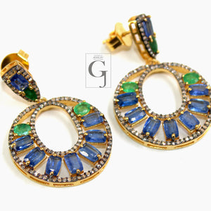 14k Gold  Finish Kyanite And Emerald Earring Rosecut Pave Diamond Earrings 925 Sterling Silver Handmade Silver Finish Diamond Earrings