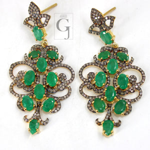 Beautiful 14k gold vermeil emerald earring Rosecut pave diamond earrings 925 sterling silver handmade silver finish diamond earrings