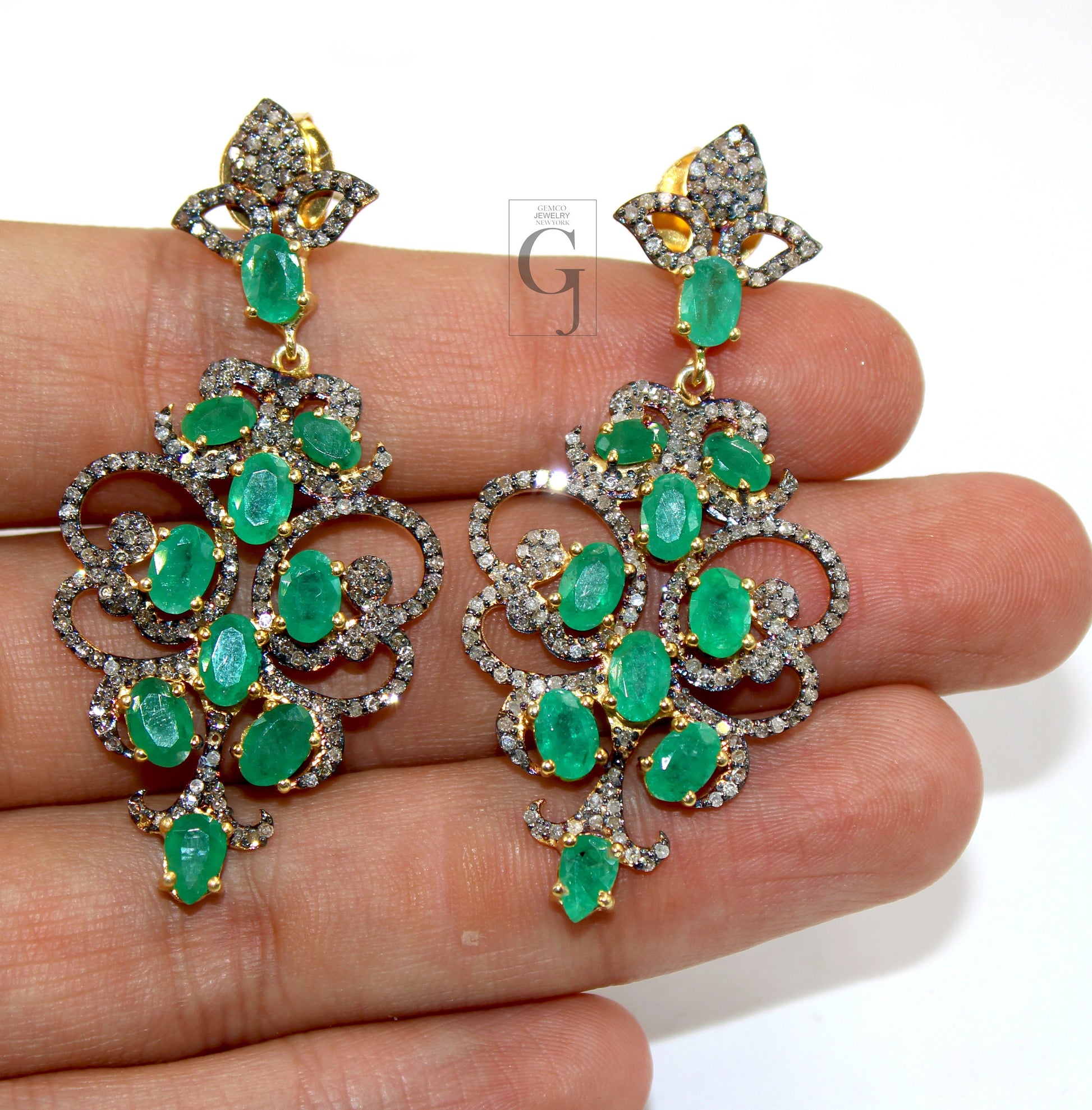 Beautiful 14k gold vermeil emerald earring Rosecut pave diamond earrings 925 sterling silver handmade silver finish diamond earrings