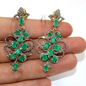 Beautiful 14k gold vermeil emerald earring Rosecut pave diamond earrings 925 sterling silver handmade silver finish diamond earrings